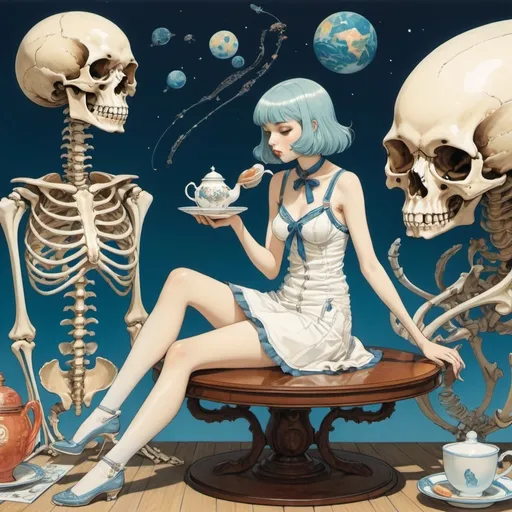 Prompt: George Barbier, Dorr Bothwell, Claire Wendling, Kore Yamazaki, Ivan Bolivian, Surrealism, wonder, strange, bizarre, fantasy, Sci-fi, Japanese anime, whale skeleton specimen, miniskirt beautiful high school girl having tea, perfect voluminous body, seashell collecting and cat, satellite orbit model, detailed masterpiece 