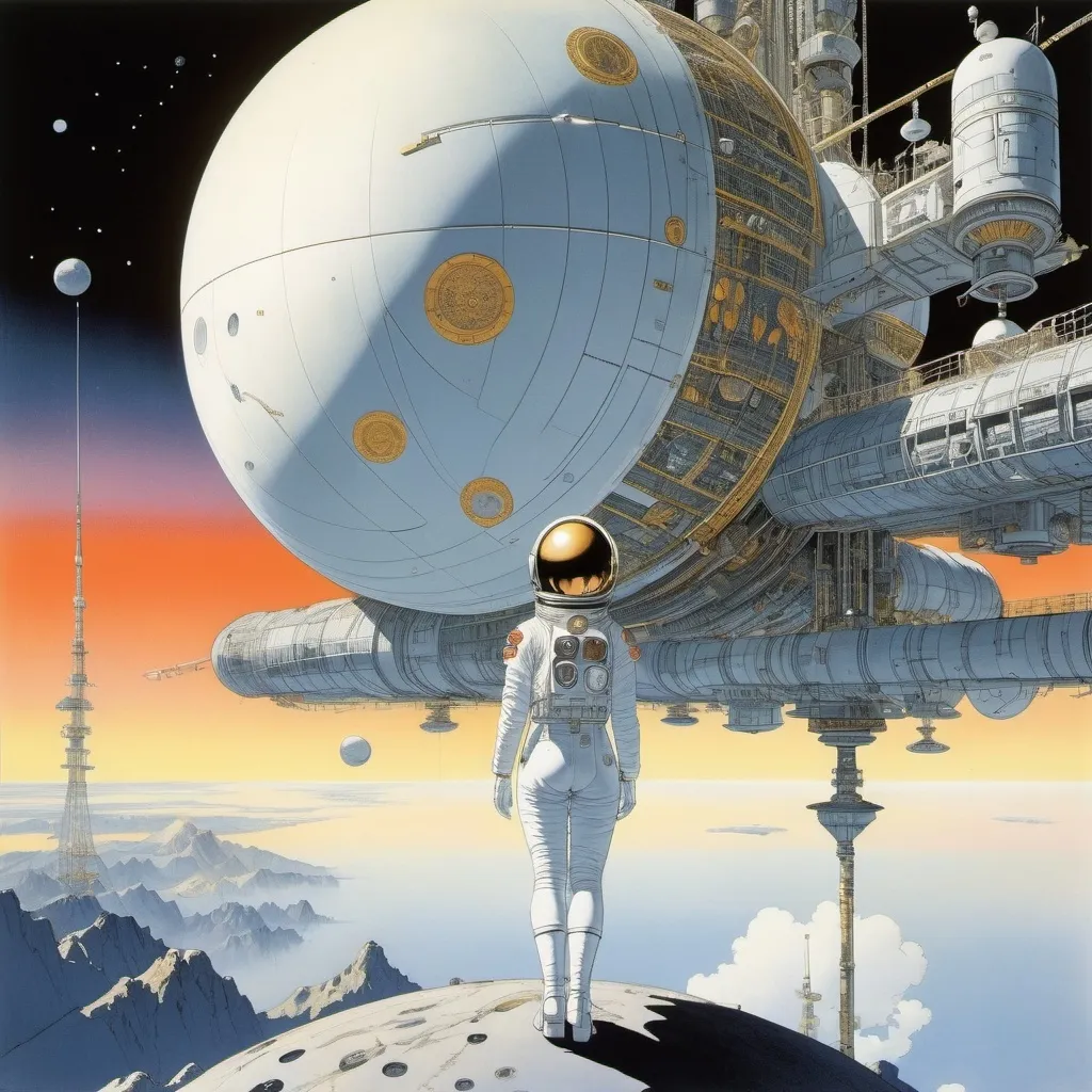 Prompt: Kay Nielsen, Heath Robinson, Katsuhiro Otomo, John Austen, Ayuko Hatta, Surrealism, mysterious, strange, bizarre, fantasy, Sci-fi, Japanese anime, space station at sunrise, orbital elevator, beautiful girl in a space suit, perfect voluminous body, detailed masterpiece 