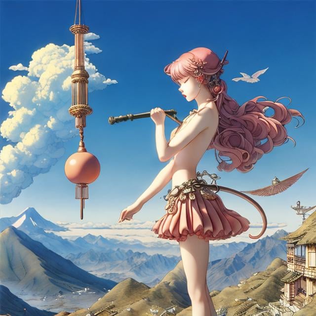 Prompt: Anton Pieck, Katsuhiro Otomo, Surreal mysterious strange fantasy SCI-FI, Japanese anime, pink flamingo, wind chimes and mini skirt girl, perfect voluminous body, far mountains, detailed masterpiece 