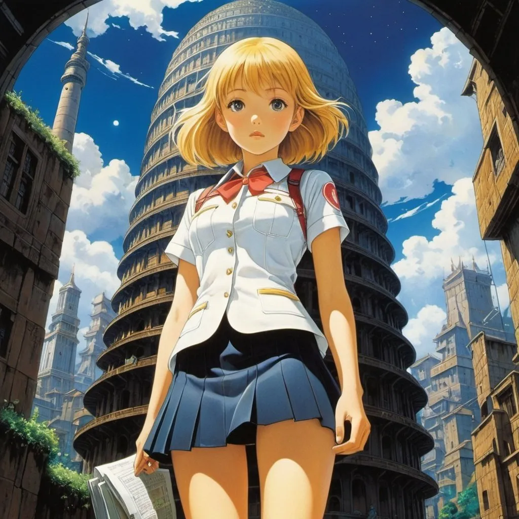 Prompt: Aquirax Uno, Margaret Tarrant, katsuhiro Otomo, Surrealism, wonder, strange, bizarre, fantasy, Sci-fi, Japanese anime, Tower of Babel in your pocket, everything is connected, a beautiful high school girl in a miniskirt who visualizes the darkness, perfect voluminous body, detailed masterpiece 