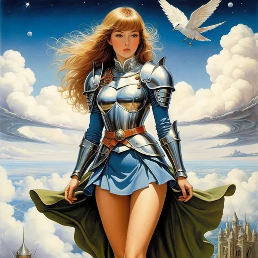 Prompt: Richard Doyle, Kelly Freas, Surreal, mysterious, strange, fantastical, fantasy, Sci-fi, Japanese anime, miniskirt beautiful knight who protects the throne in the sky, boyish, perfect voluminous body, detailed masterpiece bird’s eye views