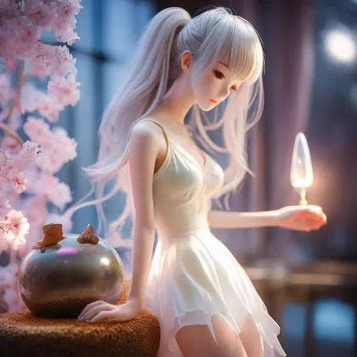 Prompt: Melissa Sweet, Shigeru Tamura, Surreal, mysterious, strange, fantastical, fantasy, Sci-fi, Japanese anime, crystal sculpture, miniskirt beautiful girl in the atelier, perfect voluminous body, from night to day, detailed masterpiece 