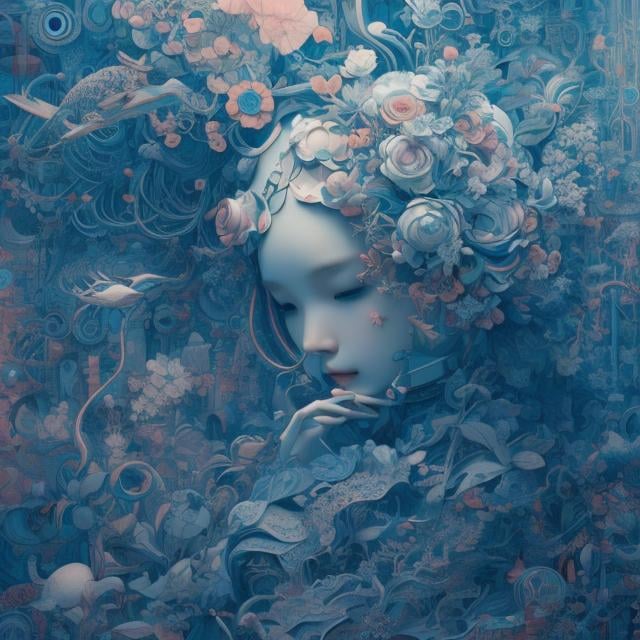 Prompt: James Jean Surreal, mysterious, strange, fantastical, fantasy, Sci-fi, Japanese anime, from hard machines to soft machines, harmony between the function and form of living things, biomachine, beautiful girl, mechanics of the origin, futurism, detailed masterpiece 