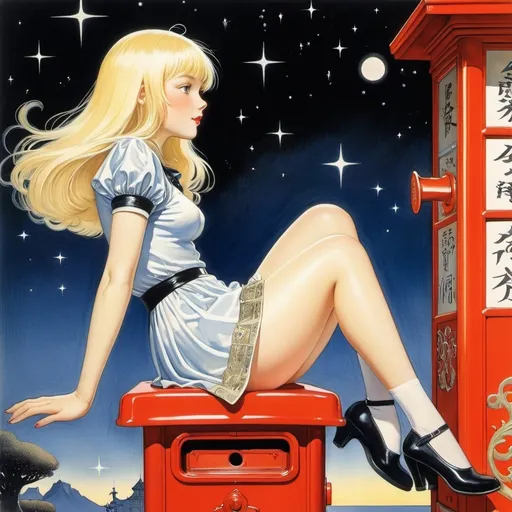 Prompt: Kay Nielsen, Matsuri Hino, Margaret Tarrant, José Villarrubia, Mabel Attwell, Surrealism, wonder, strange, bizarre, fantasy, sci-fi, Japanese anime, beautiful blonde miniskirt girl Alice sitting on top of a red mailbox, perfect voluminous body, waiting for the galactic mailman to arrive, from night to morning, detailed masterpiece low high angles perspectives 