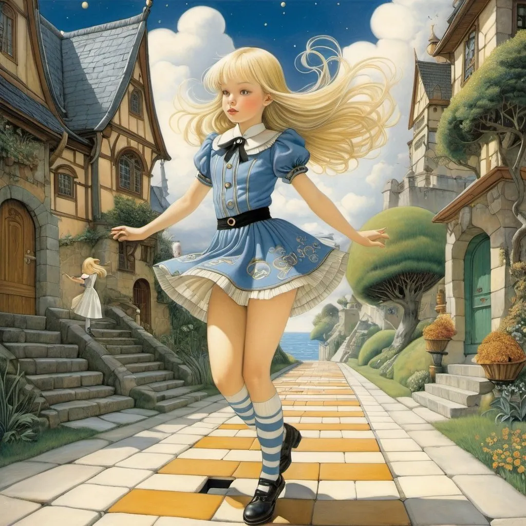 Prompt: Adrienne Segur, Kay Nielsen, Ihor Tokaruk, Maurice Sendak, David Woodland, A E Marty, Surrealism, wonder, strange, fantastical, fantasy, Sci-fi, Japanese anime, architectural games, topography, beautiful blonde miniskirt girl Alice playing hopscotch, perfect voluminous body, detailed masterpiece dynamic action poses 