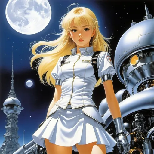 Prompt: Naoyuki Kato, Hajime Sorayama, Katsuji Matsumoto, Yukihiko Tajima, Christopher Foss, Surrealism, Mysterious, Strange, Outlandish, Fantasy, Sci-Fi, Japanese Anime, Moon rising in the spiral of evolution, Alice, a blonde miniskirt mechanically armored beautiful girl, perfect voluminous body, past, present, future, detailed masterpiece 