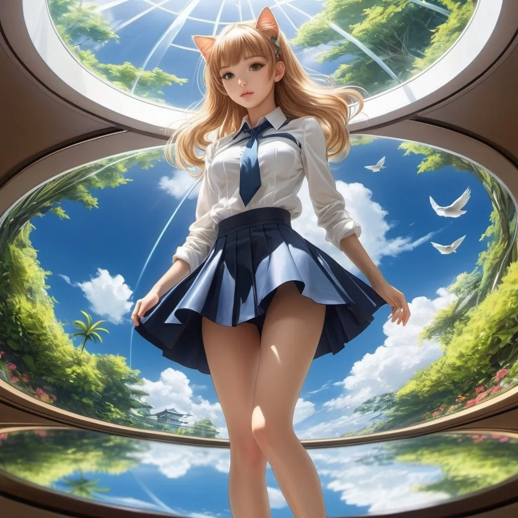 Prompt: Racey Helps, René Vincent, Surreal, mysterious, strange, fantastical, fantasy, Sci-fi, Japanese anime, mirror image of paradise, cat-twist physics, gravity, reflection, transparency, miniskirt beautiful girl, perfect voluminous body, detailed masterpiece 