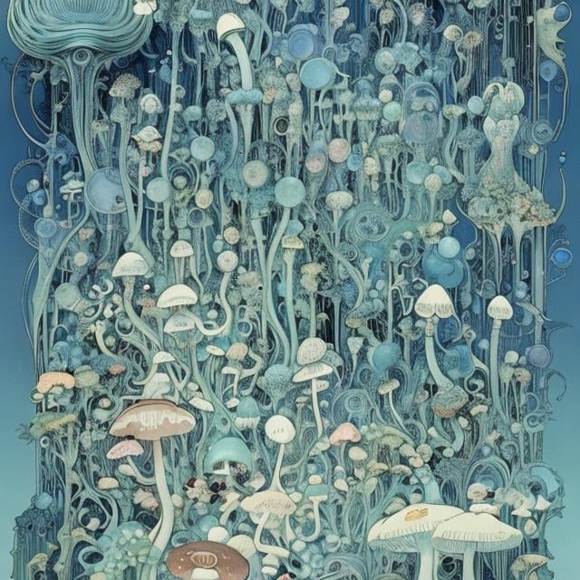 Prompt: Kay Nielsen Anime　wondrous　strange　Whimsical　surreal　absurderes　fanciful　Sci-Fi Fantasy　This is an event in a dream? No that's not right、After all......、Fossils of ground dragons, bird nuts, mushroom gardens ... I remember it all.。The bursting sound of bubbles of light blue carbonated water that still continues even after waking up from sleep、Inviting me into another dimension again