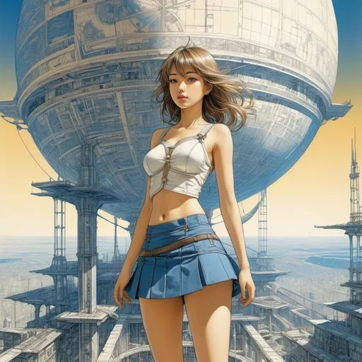 Prompt: Lebbeus Woods, Carlo Stanga, Surreal, mysterious, strange, fantastic, fantasy, Sci-fi, Japanese anime, blueprint of the sun, architectural drawing, cross-section, perspective, perspective, miniskirt beautiful girl, perfect voluminous body, detailed masterpiece bird’s eye views