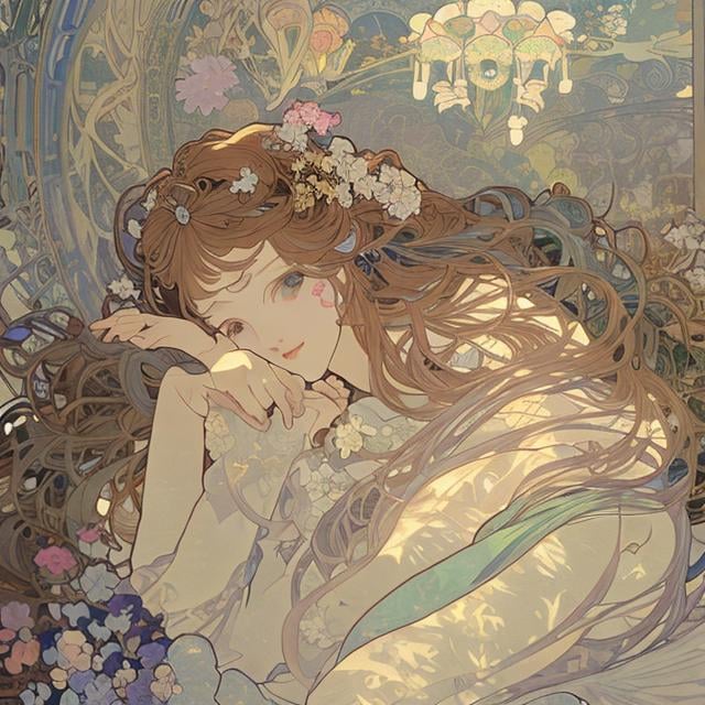 Prompt: Anne Anderson, Adrienne Segur, Alphonse Mucha　Japanese anime Sci-Fi Fantasy　Floating bed　teens girl　european castles　spring season hyperdetailed high resolution high definition high quality masterpiece