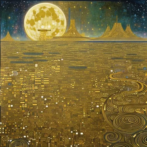 Prompt: Klimt， Kay Nielsen, Richard Doyle, Frank Pape, Japanese anime wondrous　strange　Whimsical　Sci-Fi Fantasy　Astronomical phenomena　Aizen Meioh and Hoshijuku　Time interpretation in the composition of a painting depicting the moon　Japan mythological stars　Polaris　Japan Ancient Star Dragon Cult　Twin uterus　Megaliths and astronomical phenomena　asterism　Universe and Human Horizons as Seen in Astrophysics