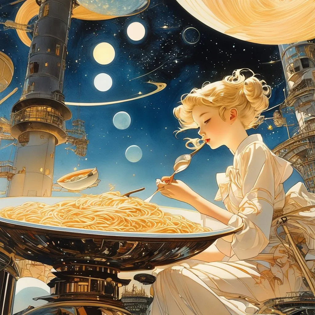 Prompt: J.C. Leyendecker, Katsuhiro Otomo, Surreal, mysterious, strange, fantastical, fantasy, sci-fi, Japanese anime, observation lighthouse at the end of the galaxy, beautiful girl making udon for a midnight snack, starry sky as far as the eye can see, detailed masterpiece 