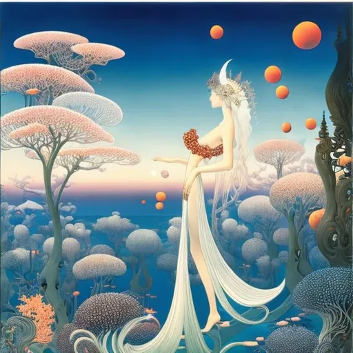 Prompt: Kay Nielsen, Cosei Kawa, Surreal, mysterious, strange, fantastical, fantasy, Sci-fi, Japanese anime, village above the tangerine tree, beautiful miniskirt fairy with screw-type joints, perfect voluminous body, airplane flapping with artificial muscles, detailed masterpiece 