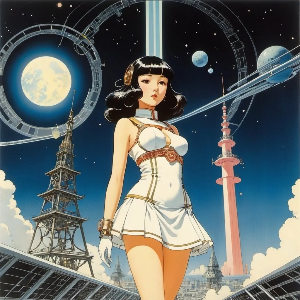 Prompt: Emil Holarek, Keiko Takemiya, George Barbier, Josef Loukota, Henriette Willebeek le Mair, Surrealism Mysterious Bizarre Fantastic Fantasy Sci-Fi, Japanese Anime, Delusional Comet, Miniskirt Beautiful Girl from the Factory of the Future, perfect voluminous body, detailed masterpiece 