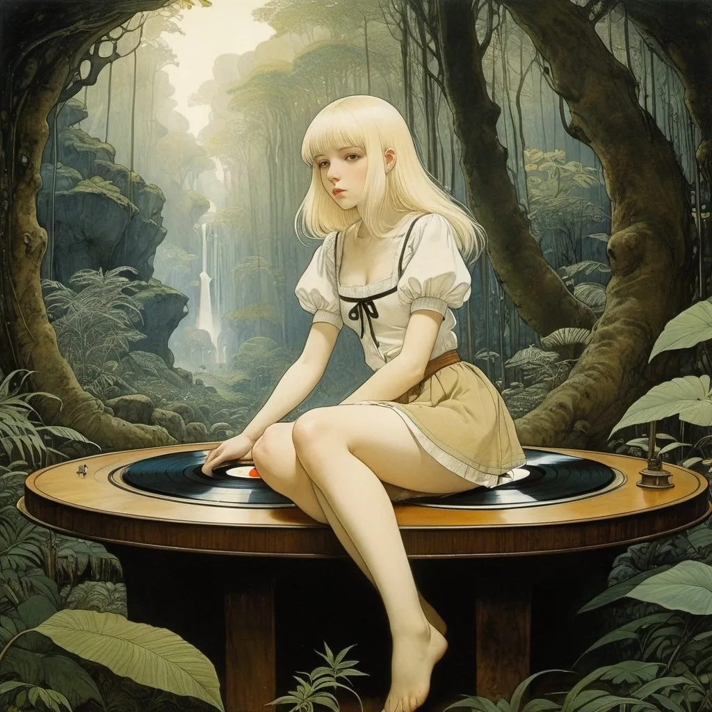 Prompt: Heikala, John Bauer, Surrealism, wonder, strange, fantastical, fantasy, Sci-fi, Japanese anime, quill, phonograph, jungle in the study, blonde miniskirt beautiful girl Alice, perfect voluminous body, detailed masterpiece perspectives angles 