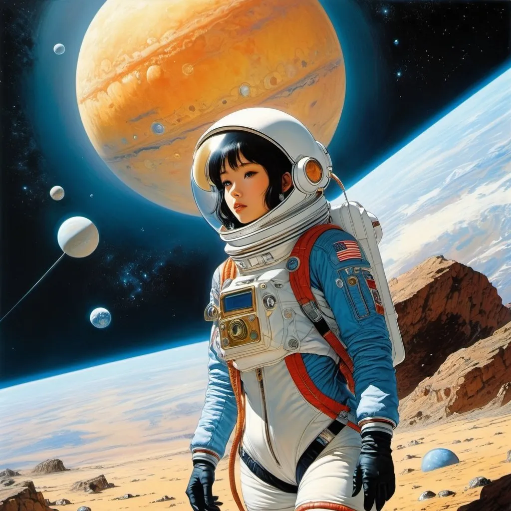 Prompt: Naoyuki Kato, Jean Giraud, Surreal, mysterious, strange, fantastical, fantasy, Sci-fi, Japanese anime, how to navigate the solar system, tourist guide, beautiful girl in a space suit, perfect voluminous body, detailed masterpiece zoom in wide angles 