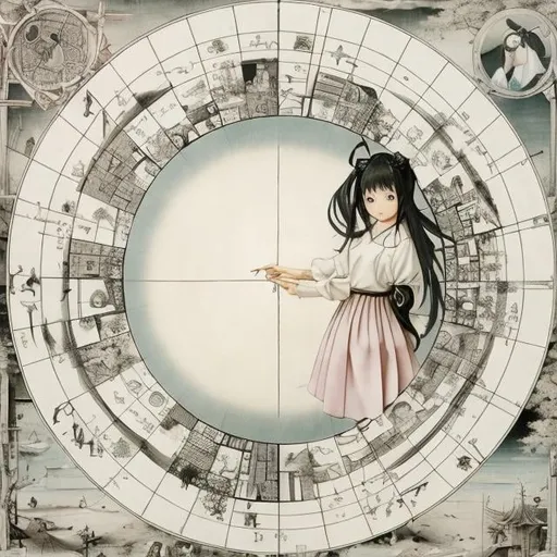 Prompt: Hieronymus Bosch, Kaori Ozaki, Surreal, mysterious, strange, fantastical, fantasy, Sci-fi, Japanese anime, compass and ruler, beautiful high school girl in a miniskirt drawing a circle, perfect body From basic geometric knowledge, beautiful theorems, drawing methods, detailed master 