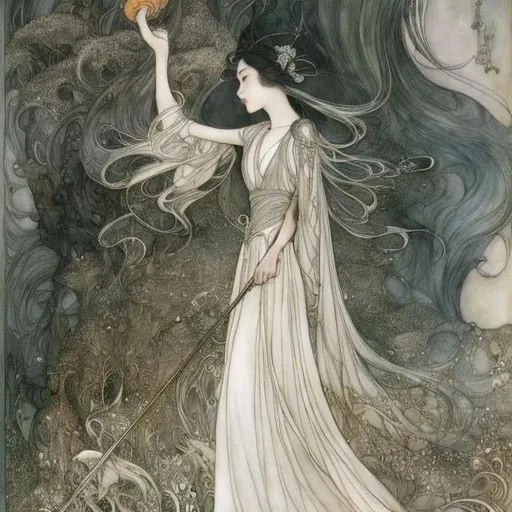 Prompt: Arthur Rackham, Kay Nielsen, Japanese anime, solo beautiful young lady, perfect voluminous attractive body, heart of the south eye of the north fingertips of the west east heel Gather together with the wind Shake off the rain and scatter, detailed high resolution definition quality masterpiece 