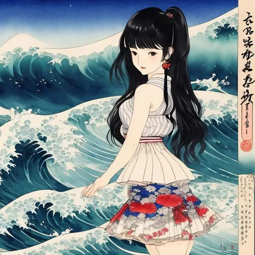 Prompt: Katsushika Hokusai, Keiko Takemiya, Mysterious Watercolor Woodblock Anime Mini Skirt Beautiful Girl Alice Alice Loves Ramen Shinjuku Stall Tsukiyo, detailed masterpiece 