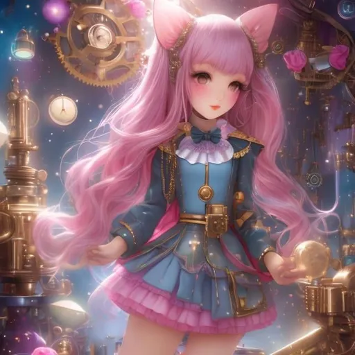 Prompt: Mabel Attwell, Victoria Ying, Surreal, mysterious, strange, fantastical, fantasy, Sci-fi, Japanese anime, miniskirt blonde beautiful girl Alice, perfect voluminous body, Alice’s  adventures inside a mechanical box, robot cat's tea party, detailed masterpiece 