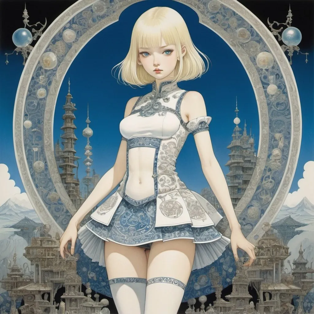 Prompt: Kay Nielsen, Kim Jung Gi, Surreal, mysterious, strange, fantastical, fantasy, Sci-fi, Japanese anime, baroque blueprint, paradise labyrinth of symbols and representations, blonde miniskirt beautiful girl Alice, perfect voluminous body, detailed masterpiece 