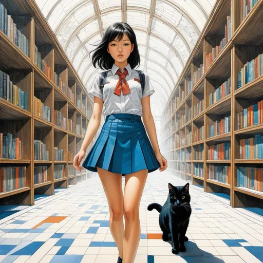 Prompt: Chiho Saito, Petri Hiltunen full colours, Antoine Laurent Thomas Vaudoyer, Dennis Crompton drawing, Mikhail Belov, Surrealism, mysterious, strange, fantastical, fantasy, Sci-fi, Japanese anime, mini-skirt beautiful high school girl and cat strolling through inside paper architectural drawings, perfect voluminous body, blueprints, cross-sections, discovery and evolution of perspective, stone, metal, glass, detailed masterpiece fine lines three dimensional perspectives