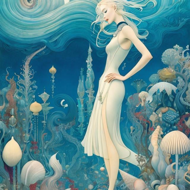 Prompt: Kay Nielsen, James Jean, Surreal, mysterious, strange, fantastic, fantasy, Sci-fi, Japanese anime, seashell walking on two legs, beautiful blonde miniskirt girl Alice, perfect voluminous body, shore of the future, detailed masterpiece 