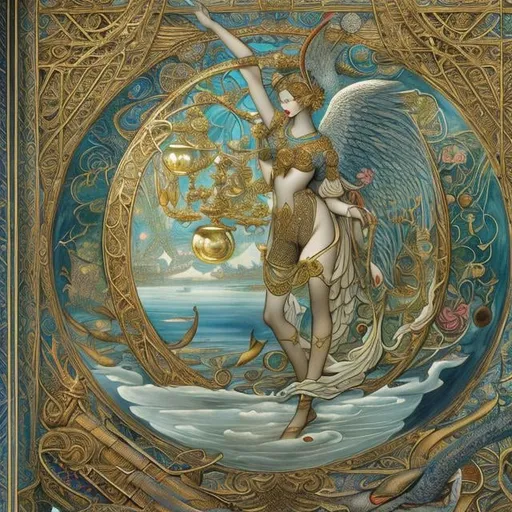 Prompt: Walter Crane, James Jean, Surreal, mysterious, strange, fantastical, fantasy, Sci-fi, Japanese anime, angel with dark wings, glass museum, a microscopic world, a gigantic universe twisting and appearing, a cat-eye light bulb, an unreadable book, detailed masterpiece 