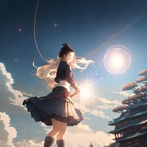 Prompt: Hokusai, Cynthia Sheppard, Surreal, mysterious, strange, fantastical, fantasy, Sci-fi, Japanese anime, A beautiful girl in a miniskirt hanging a fishing line into a well in space, Perfect voluminous body, A fishing boat floating in outer space, The captain is a tin robot, In the background are many galaxies and nebulae of various shapes and sizes. In the foreground You can see a spaceship passing by, hyper detailed masterpiece depth of field cinematic lighting 