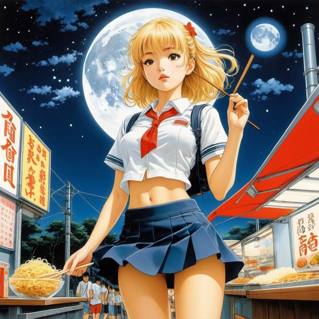 Prompt: Katsuhiro Otomo, Anne Anderson, Surreal, mysterious, bizarre, fantastical, fantasy, Sci-fi, Japanese anime, beautiful high school girl in a miniskirt who loves ramen, perfect voluminous body, food stall, transparent starry sky and full moon, detailed masterpiece 