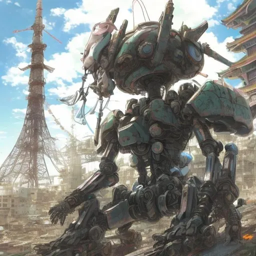 Prompt: Masamune Shirow, Japanese Anime Surreal Mysterious Bizarre Sci-fi Fantasy Giant robot in the battle field, city ruins, Tokyo Tower Girl in tight-fitting space suit sitting on the robot’s shoulder, Hyperdetailed high resolution high definition high quality masterpiece 