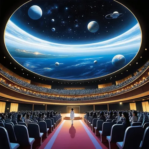 Prompt: Joyce Lankester Brisley, Thomas crane, Eleanor Vere Boyle, Yoshiko Nishitani, Naoko Takeuchi, Yuu Watase, Surrealism, wonder, strange, bizarre, fantasy, Sci-fi, Japanese anime, theater architecture and chairs, microcosm seen from the audience seats, sea of ​​stars, beautiful girl in a space suit, perfect voluminous body, perspectives low high angles 