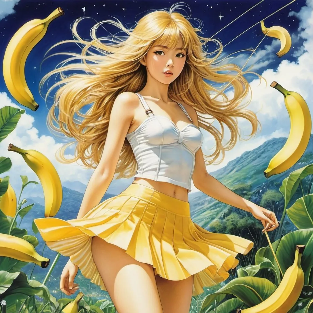 Prompt: Barbara Cooney, Takeshi Obata, Surreal, mysterious, strange, fantastical, fantasy, sci-fi, Japanese anime, banana meadow, miniskirt beautiful girl descending with flowing hair, perfect voluminous body, walking symphony orchestra musical instruments, detailed masterpiece comical
