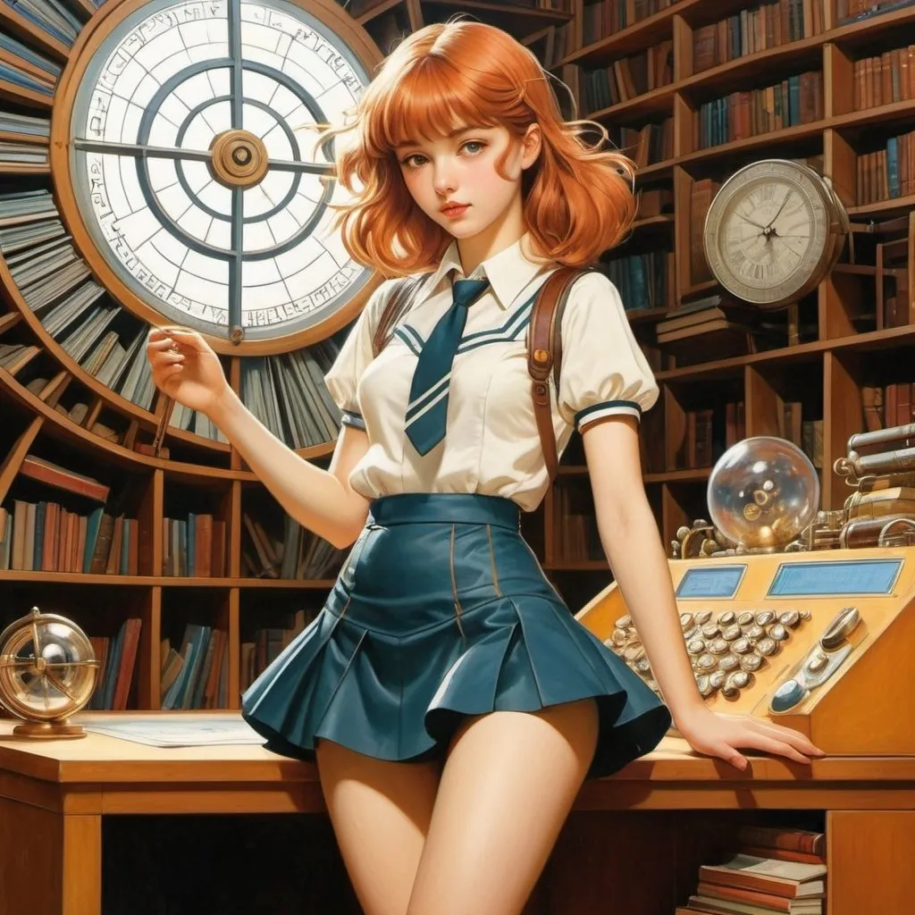 Prompt: Florence Claxton, Eleanor Vere Boyle, surrealism, wonder, bizarre, bizarre, fantasy, Sci-fi, Japanese anime, a labyrinth of ever-changing literary styles, the imagination of mathematics and geometry, a wind-up printing machine, a beautiful high school girl in a miniskirt, perfect voluminous body, detailed masterpiece 