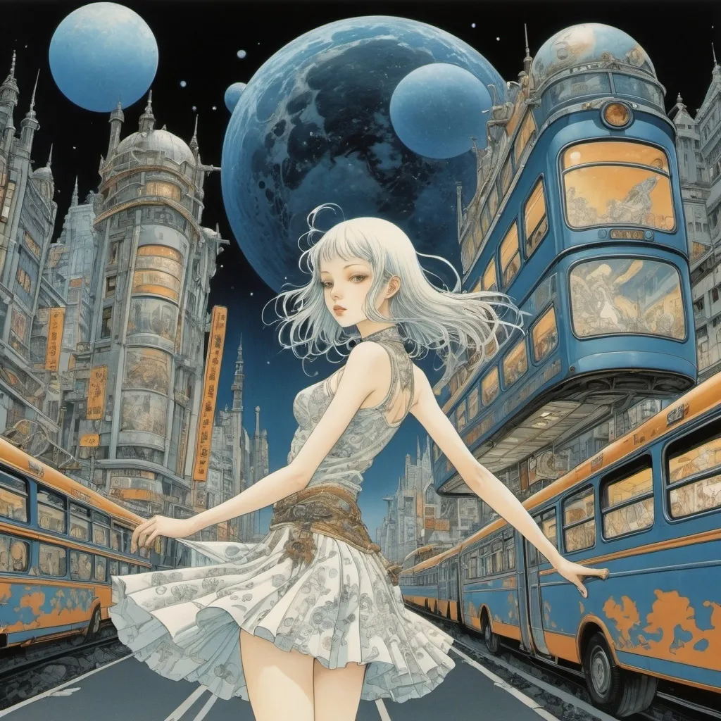 Prompt: Kay Nielsen, Johan Thorn Prikker, Katsuya Terada, Bruno Donzelli, Yuu Watase, Surrealism, wonder, strange, bizarre, fantasy, Sci-fi, Japanese anime, technology of entertainment that could be a dream, ecology of city buses, beautiful high school girl in a miniskirt hunting the Sirius star, perfect voluminous body, detailed masterpiece 