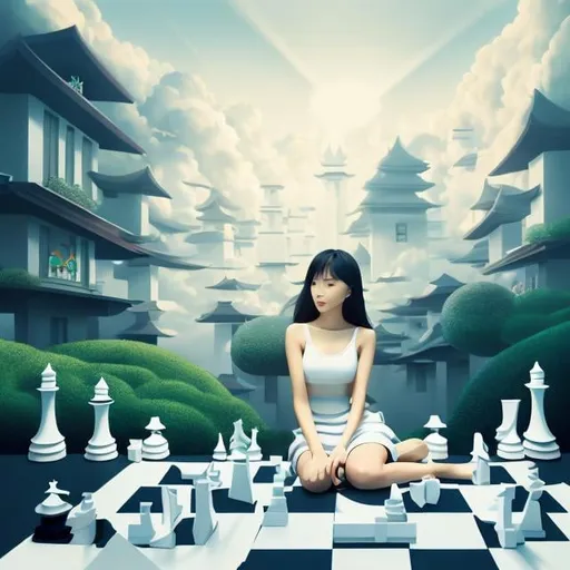 Prompt: Miho Obana, M C Escher, Surreal, mysterious, strange, fantastical, fantasy, Sci-fi, Japanese anime, geometric perspective architecture, horizon curve-divided angel perspective, line-divided ground perspective, shading expression, pretty young lady on the chess board, perfect voluminous low cut short dress body, detailed masterpiece 