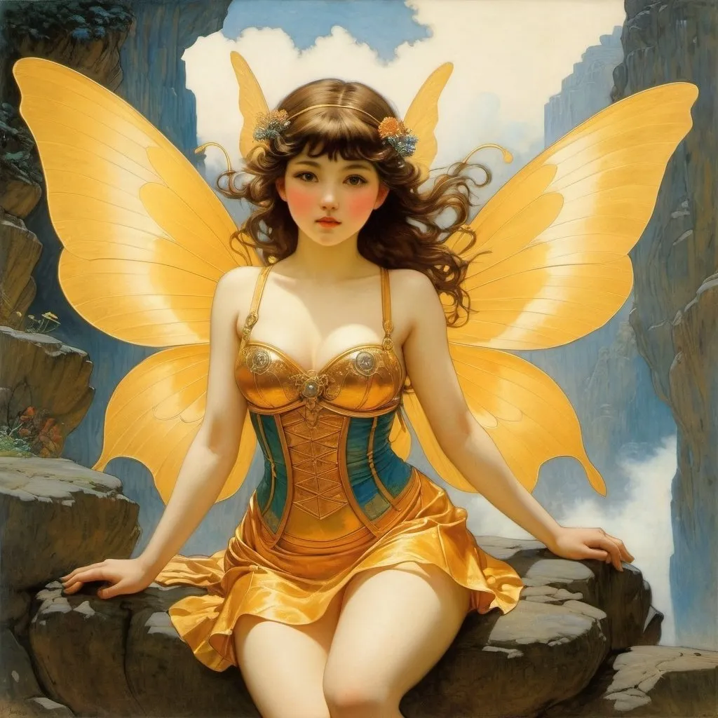 Prompt: Joseph Kuhn-Régnier, Léon Carré, Charles Henri Gaston Dagnac-Riviere, Ben Vautier, Carlos Schwabe, Surrealism, wonder, strange, bizarre, fantasy, Sci-fi, Japanese anime, mischief of a dwarf or miniskirt beautiful girl fairy, perfect voluminous body, Amber's perfect kingdom, detailed masterpiece 