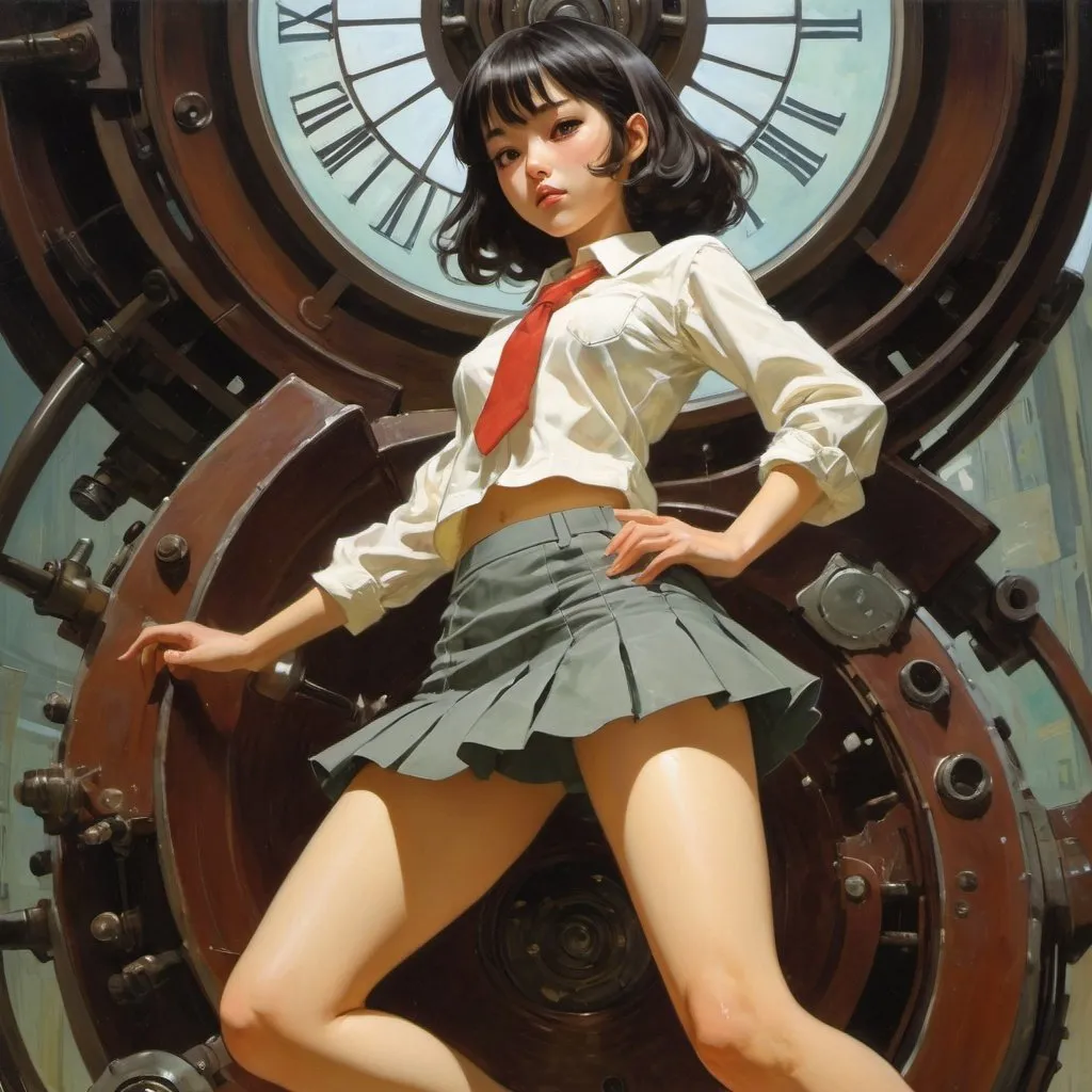 Prompt: Dean Cornwell, Keiko Takemiya, Valenti Castanys, Surreal, mysterious, strange, fantastical, fantasy, Sci-fi, Japanese anime, perpetual motion toy, stable rotating perpetual motion gadget, beautiful high school girl in miniskirt playing, perfect voluminous body, detailed masterpiece 