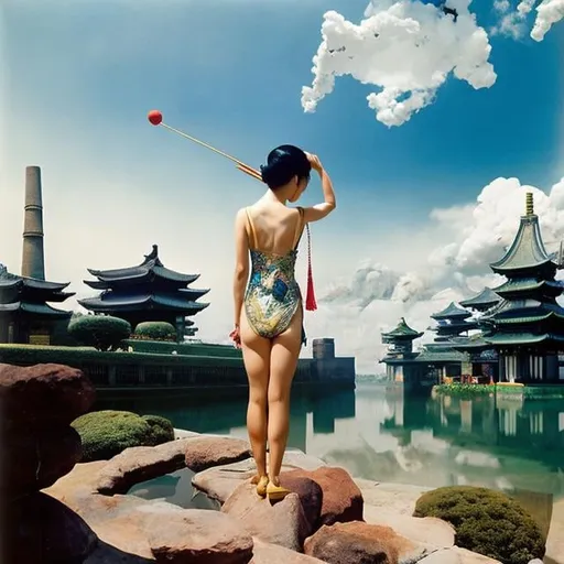 Prompt: Toshiko Okanoue, Harue Koga, Walter Crane, Surreal, mysterious, bizarre, fantastical, fantasy, Sci-fi, Japanese anime, trick world, Journey to the West, Extreme logic and abstraction of the overall structure, Based on ideas such as the five elements, yi, alchemy, etc, Legends, fables, story books, ruins, Sanzo is a beautiful girl in a miniskirt with perfect voluminous body, hyper detailed masterpiece depth of field cinematic lighting 