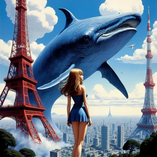 Prompt: Fritz Baumgarten, Philippe Druillet, Surreal, mysterious, strange, fantastical, fantasy, Sci-fi, Japanese anime, Tokyo Tower, blue whale swimming in the sky, beautiful girl in a miniskirt looking up, perfect voluminous body, detailed masterpiece wide angles