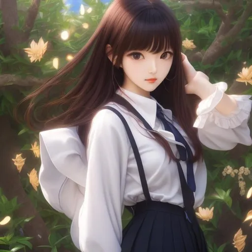 Prompt: Takako Hirai, Dante Gabriel Rossetti, Surreal, mysterious, strange, fantastical, fantasy, Sci-fi, Japanese anime, singing trumpet shell, cicada shell, summer vacation free research, miniskirt beautiful Japanese high school girl, perfect voluminous body, flying classroom, detailed masterpiece cinematic lighting, colour hand drawings