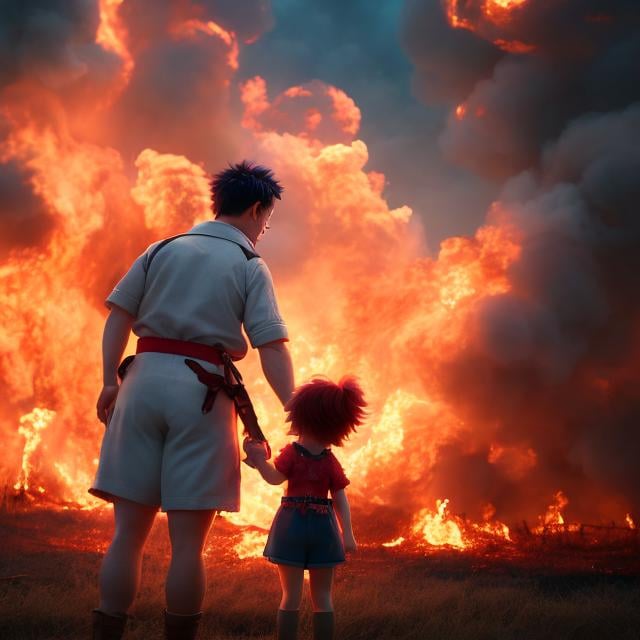 Prompt: A E Marty, Katie Risor, Japanese anime, unravel five hanks burning field until you turn to ash, there is no escape, detailed, high resolution definition quality masterpiece 