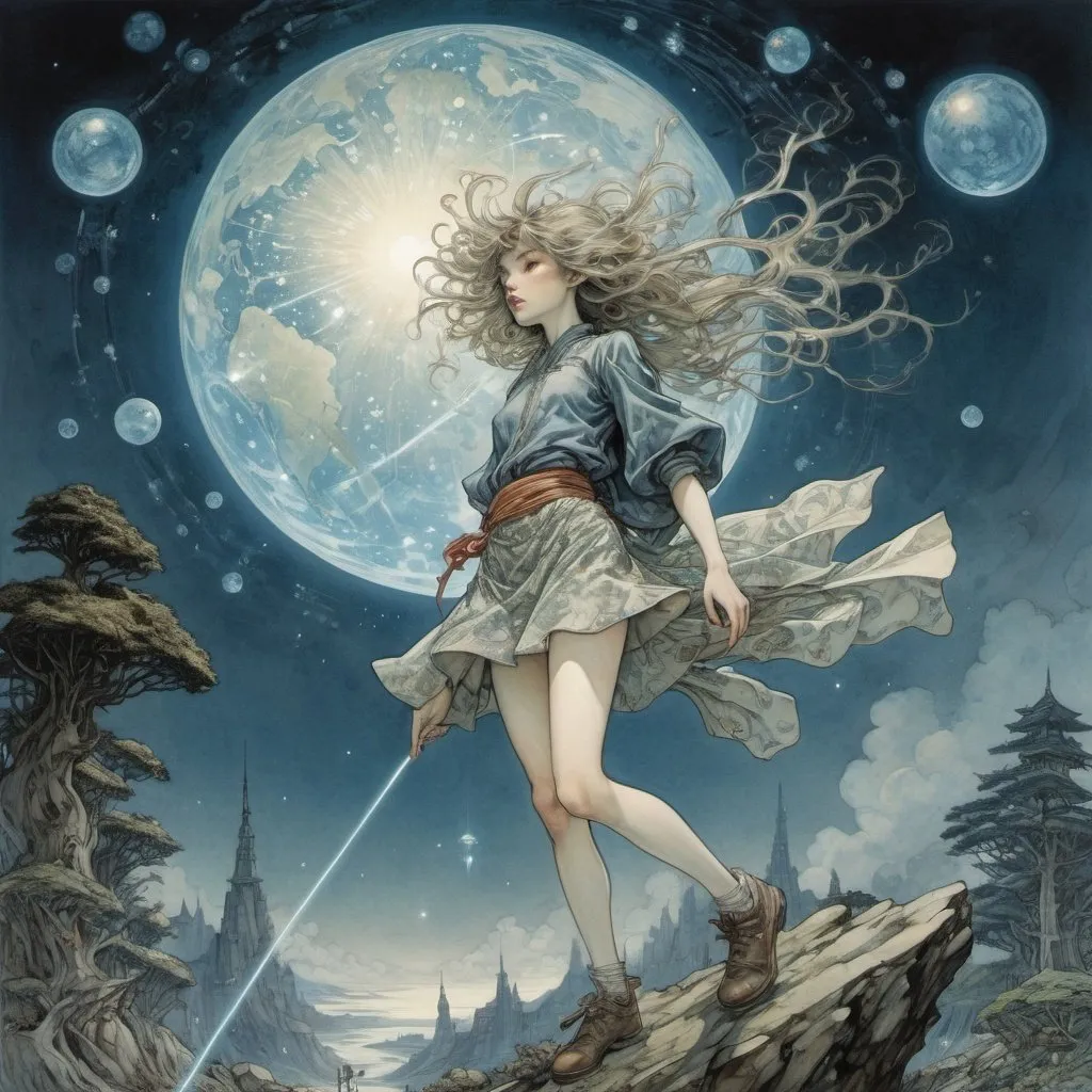 Prompt: Arthur Rackham, James Jean, Keith Henderson, Cecile Walton, Helen Kellock, Surrealism Mysterious Bizarre Fantastic Fantasy Sci-fi, Japanese Anime, Miniskirt Beautiful Girl Earth Goddess Gaia Meteor Shower, detailed masterpiece low high angles perspectives 