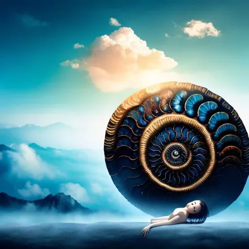 Prompt: Yixin Zeng, Naohisa Inoue, Surreal, mysterious, strange, fantastical, fantasy, Sci-fi, Japanese anime, giant ammonite fossil, beautiful girl sleeping leaning against it, perfect voluminous body, blue sky, clouds, 