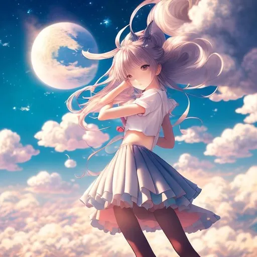Prompt: Annie Stegg, Yuko Shimizu, Surreal, mysterious, bizarre, fantastic, fantasy, sci-fi, Japanese anime, cubic moon on the horizon, beautiful high school girl in a miniskirt flying on a giant origami crane, perfect voluminous body, cirrus clouds, detailed masterpiece 