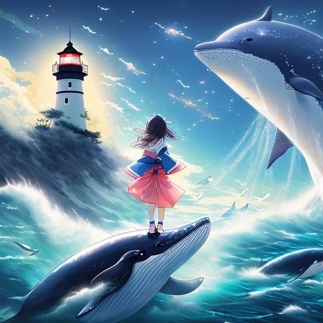 Prompt: Japanese anime, wonder  sci-fi fantasy, lighthouse at the end of the galaxy, jumping whale, beautiful girl in tight kimono watching whale jump,  hyperdetailed high definition high resolution high quality masterpiece hands drawin