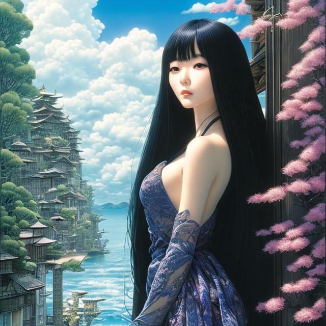 Prompt: Hideko Mizuno, Patrick Woodroffe, Surreal, mysterious, strange, fantastical, fantasy, Sci-fi, Japanese anime, the sea spilling out of a suitcase, the street corner, the beautiful girl in a miniskirt, perfect body, detailed masterpiece 