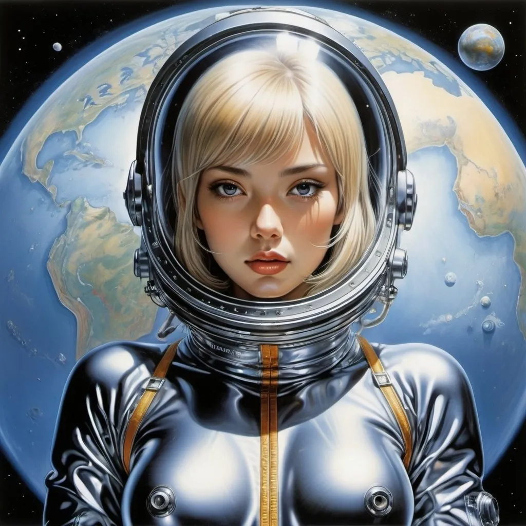 Prompt: Hajime Sorayama, Naoyuki Kato, Manfred Sommer, Peter Phillips, Joyce Lankester Brisley full colours, Surrealism, wonder, strange, bizarre, fantasy, Sci-fi, Japanese anime, Age of Discovery in the solar system, Cosmographia and Geographia, spaceship, underground map, beautiful girl in a space suit, perfect voluminous body, detailed masterpiece 