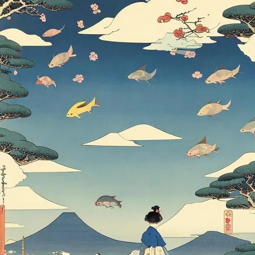 Prompt: Ukiyo-e style, Kate Greenaway,  Jessie Willcox Smith, Heikala, Tokyo future scape, blue sky with some clouds, flying cars, floating gold fishes, Japanese high school girl, looking up at  rainbow, beautiful face dark hair, hyper detailed, high resolution, high definition, high quality, masterpiece, Japanese anime, manga lines, realistic 
