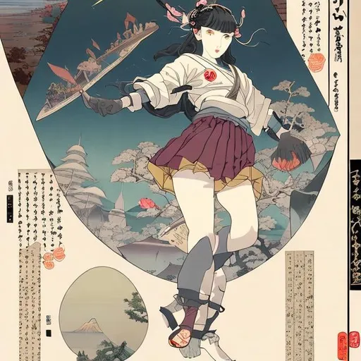 Prompt: Ukiyo-e style　Sulamith Wülfing Anime　surreal　wondrous　strange　Whimsical　Sci-Fi Fantasy　Miniskirt schoolgirl　a beauty girl　solo girl, very very short skirt, Near and far law　Ancient curved perspective　Planar perspective in the Renaissance　The huge three-dimensional study of geometry　palla　column　Triangular cone　Convex body　Hemiregular polyhedra　Catalan Solids　Delta polygon　Giant Chessboard